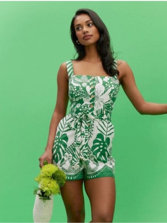Rachel Zoe Pants - Rachel Zoe Green & White Tropical Print Sleeveless Linen Shorts Romper